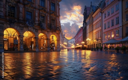 Evening settles over a historic European city square, glowing under twilight.