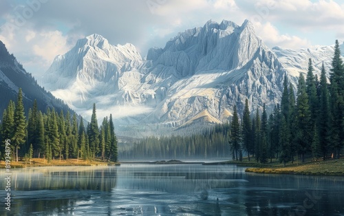 Majestic mountain peaks rise above a serene  forest-lined lake.