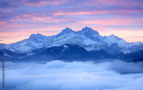 Majestic snow-capped mountains shrouded in soft clouds at dawn.