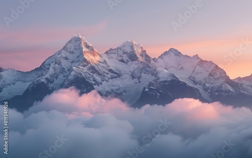 Majestic snow-capped mountains shrouded in soft clouds at dawn. © Tui