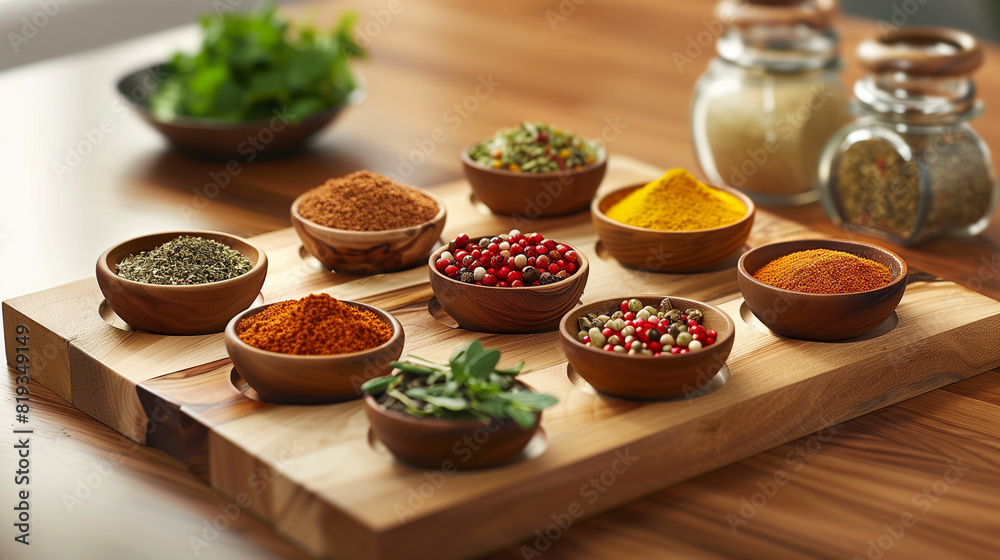 Wooden Cutting Board With Bowls of Various Spices Wooden Cutting Board With Bowls of Various Spices
