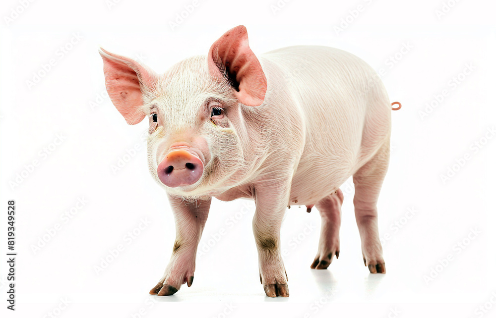 A single real domestic pig animal isolated on white background A single real domestic pig animal isolated on white background