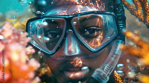 The picture of the diver is diving in the sea or ocean and wearing goggles and snorkel, the diver require skills like knowledge of the diving equipment and gear, buoyancy control and training. AIG43. photo