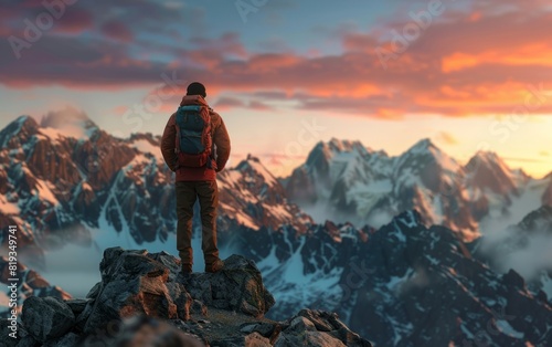 Man stands on rocky peak overlooking sunrise-lit mountains. © Tui