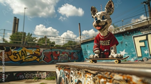 an old school american tattoo design featuring an anthropomorphic punk rock dog character skateboarding in an outdoor skate park 