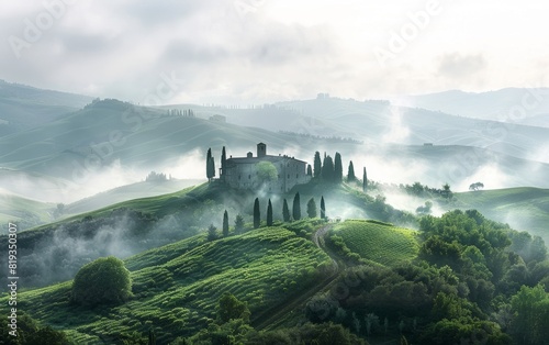 Misty hills with a lone house, surrounded by lush greenery and cypress trees. photo