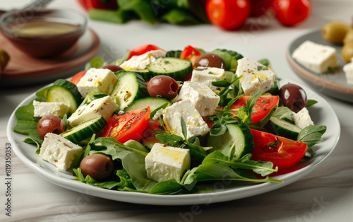 Fresh Greek salad with feta  olives  and crisp vegetables.