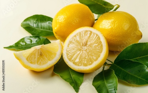 Fresh lemons with leaves, one sliced in half, vibrant yellow.
