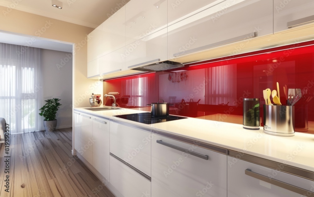 Modern kitchen with red backsplash and white cabinets.