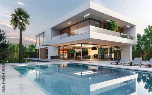 Modern house with swimming pool and palm tree.