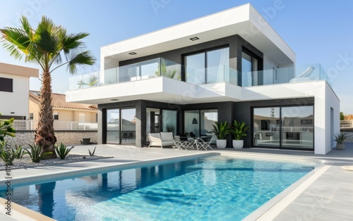 Modern house with swimming pool and palm tree. © Tui