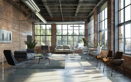 Modern office with exposed brick, large windows, and sleek furnishings.