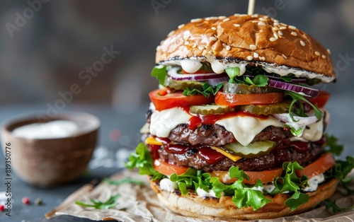 Mouthwatering gourmet burger stacked with fresh veggies and sauces.