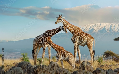 Giraffes grazing with Mount Kilimanjaro in the background.