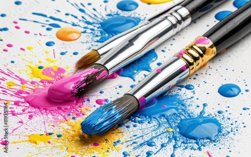 Paintbrushes with vivid paint splatters on a white background.