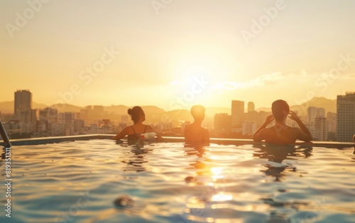 People in a rooftop pool overlooking a sunlit cityscape at dawn.