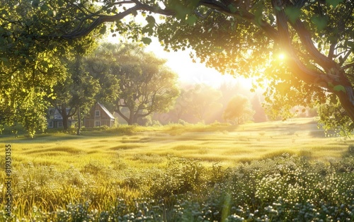 Golden sunlight bathes a lush meadow and a distant quaint country house.