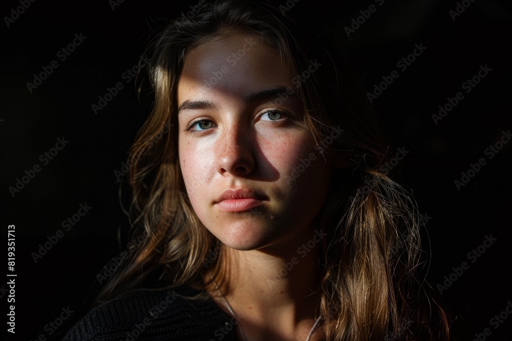 Thoughtful young woman experiencing a quiet moment in a ray of sunlight with a dark contrasting background Thoughtful young woman experiencing a quiet moment in a ray of sunlight with a dark contrasting background