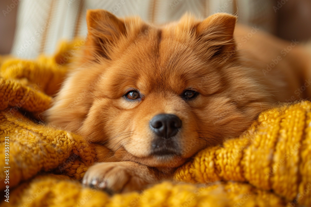 A fluffy Chow Chow on a golden yellow background.