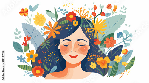 Woman head with plants and flowers. Psychology conc