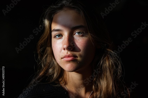 Thoughtful young woman experiencing a quiet moment in a ray of sunlight with a dark contrasting background