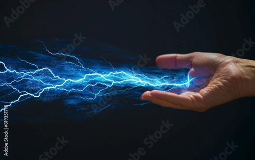 Hand conjuring a dynamic blue electricity arc on a dark background. photo