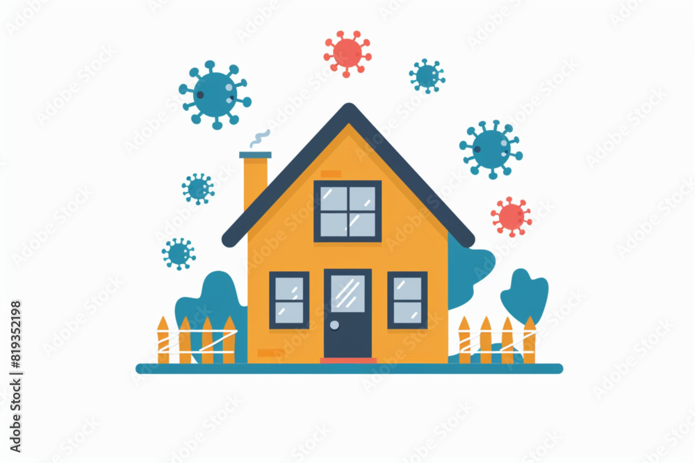 Stay at home flat design. New COVID-19. Cartoon Home and Virus Design. Dangerous coronavirus cell in China. Stop coronavirus, stay home stay safe. Isolated vector illustration