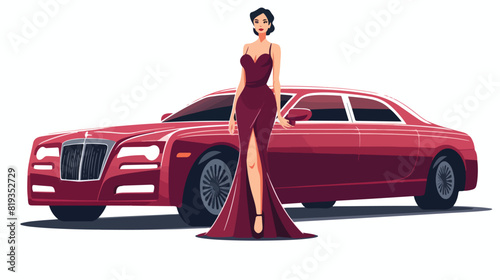 Woman in elegant evening dress standing beside luxu photo