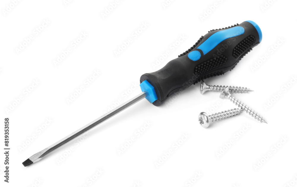 Screwdriver with black handle and screws isolated on white Screwdriver with black handle and screws isolated on white