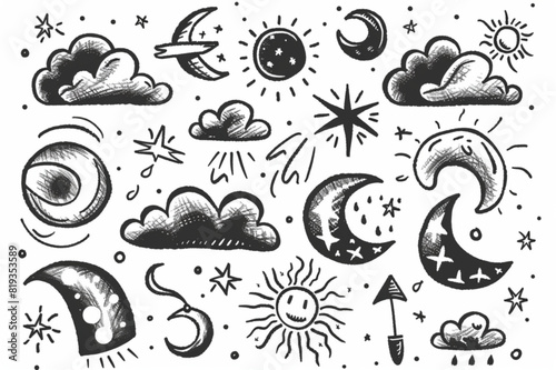 Vector hand drawn weather icons. Set of doodle elements on white background. Vector illustration in vintage set vector icon  white background  black colour icon