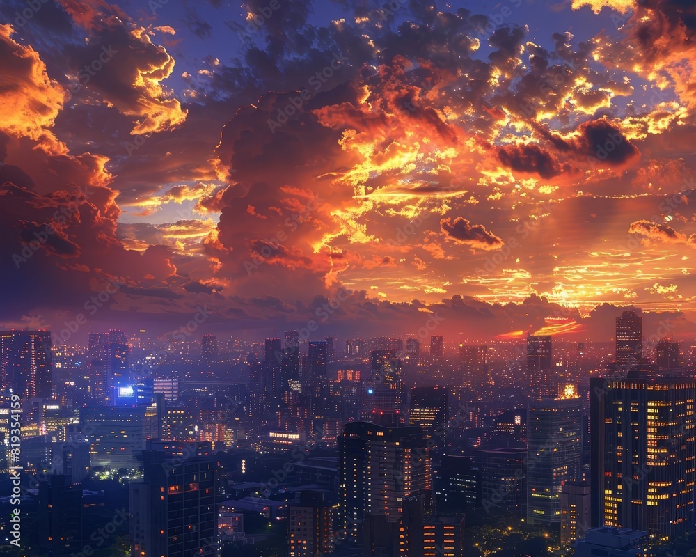 Obraz premium A highrise city skyline at twilight, with skyscrapers lit up and a dramatic cloudcovered sky