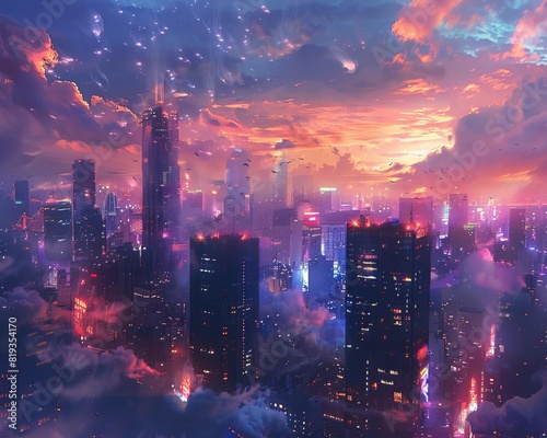 A highrise city skyline at twilight  with skyscrapers lit up and a dramatic cloudcovered sky