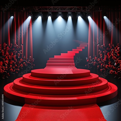 Stage podium with red carpet and red curtain,Platform illuminated by spotlights,dark background,front view,crowded people lens flash of paparazzi photographer cameras. Empty pedestal   award ceremony