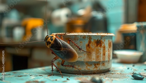 A lone cockroach climbing on an expired food container in a refrigerator within a grimy, unkempt kitchen