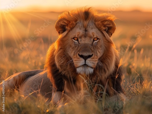 A majestic lion basking in the golden light of an African savannah at sunset
