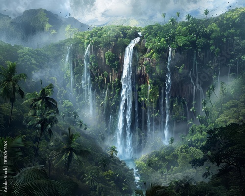 A majestic waterfall cascading down a cliff  surrounded by dense tropical foliage