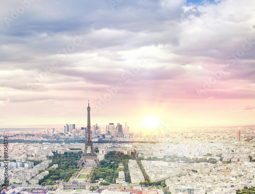 Eiffel tower in Paris at sunset.