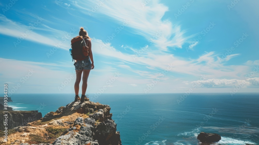 backpacker standing on a cliff edge overlooking the sea