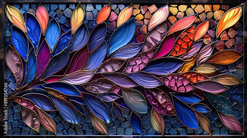 aquafleur zentangle pattern in stained glass creating a scene of graceful elegant feathers; the feathers are rich with aquafleur details