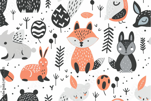 Vector seamless pattern of animals in cute playful geometric . Baby kids pastel pattern design. set vector icon, white background, black colour icon