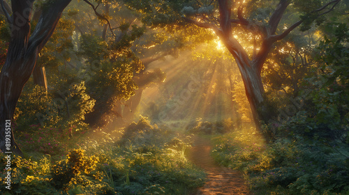  the serenity of an enchanting forest at dawn  where the soft rays of the rising sun filter through dense foliage  creating a magical atmosphere with dew-kissed leaves shimmering in the morning