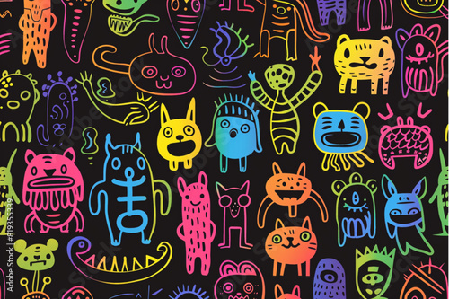 Vector seamless pattern of funny cartoon groovy characters in rainbow vibrant colours on black background set vector icon  white background  black colour icon