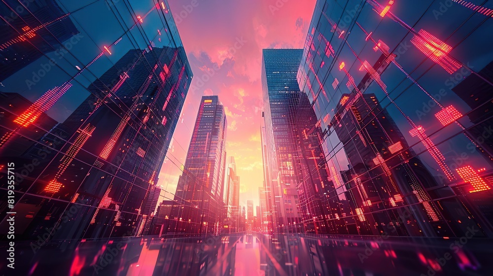 Obraz premium Cityscapes of the future with large skyscrapers that have red glowing windows.