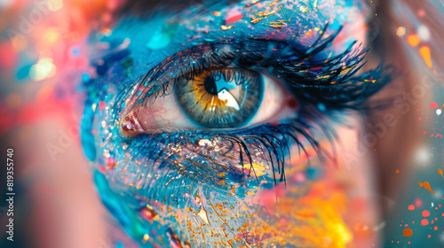 Abstract colorful eye close up. Beautiful female human eyes with eyelashes and long lashes, artistic background with oil painting brush strokes and splatters. #819355740