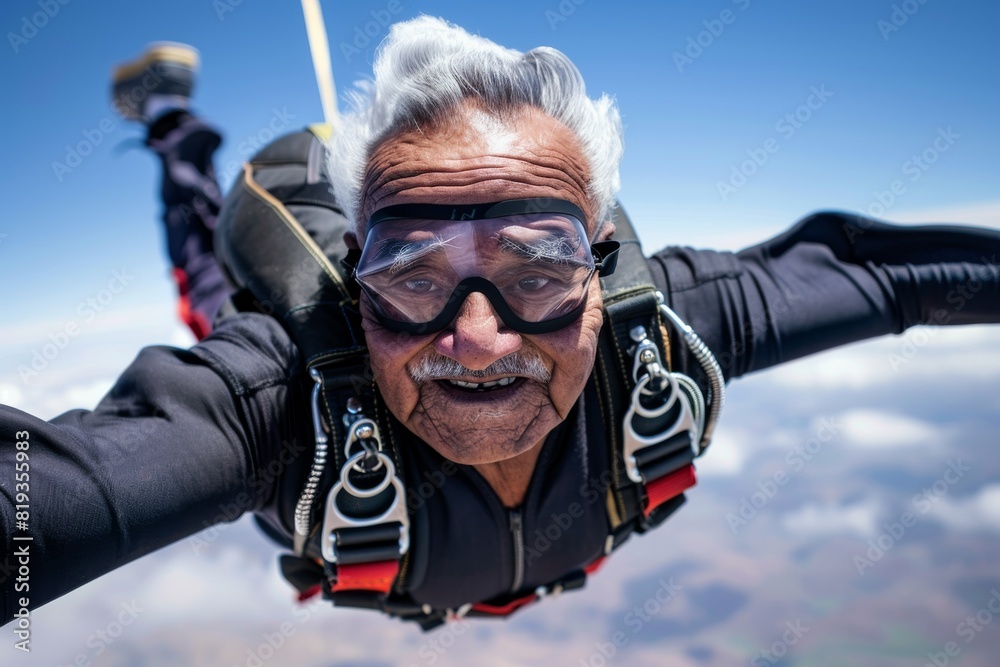 A skydiver descends in a freefall position against a backdrop of vivid blue sky, demonstrating the exhilarating sport of skydiving A skydiver descends in a freefall position against a backdrop of vivid blue sky, demonstrating the exhilarating sport of skydiving