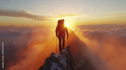 hiker reaching the summit of a mountain during sunrise