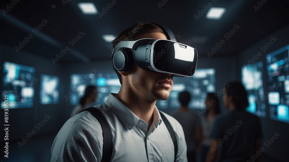A Man wears VR glasses while Work Future Lifestyle A Man wears VR glasses while Work Future Lifestyle