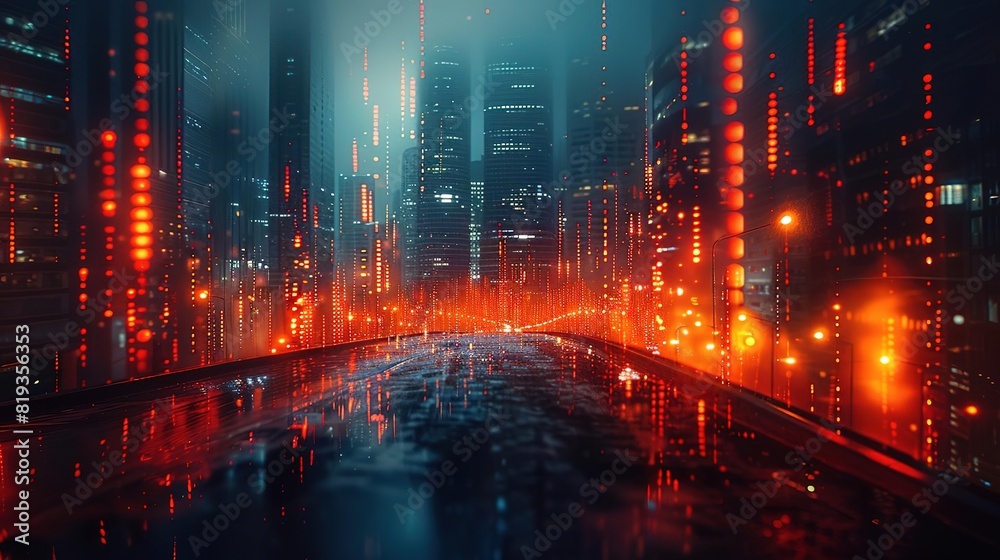 City lights reflecting off of wet pavement. Red and orange hues. Futuristic. 180 characters maximum.