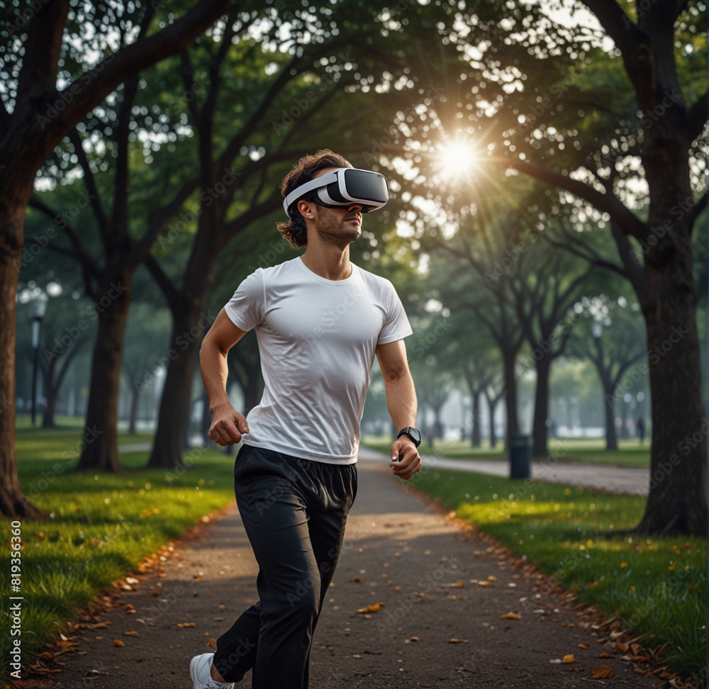 Man wears VR glasses while exercising Future Lifestyle Man wears VR glasses while exercising Future Lifestyle