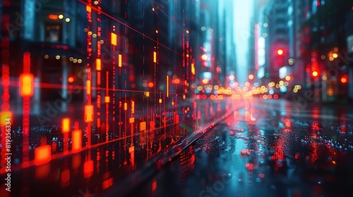A digital cityscape with a focus on a wet road reflecting the red and orange lights of the city. The background is blurred and out of focus.